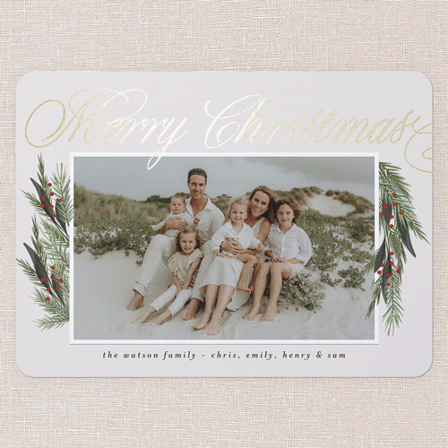 Winter Retreat Holiday Card, Gold Foil, White, 6x8 Flat, Christmas, Signature Smooth Cardstock, Rounded, White