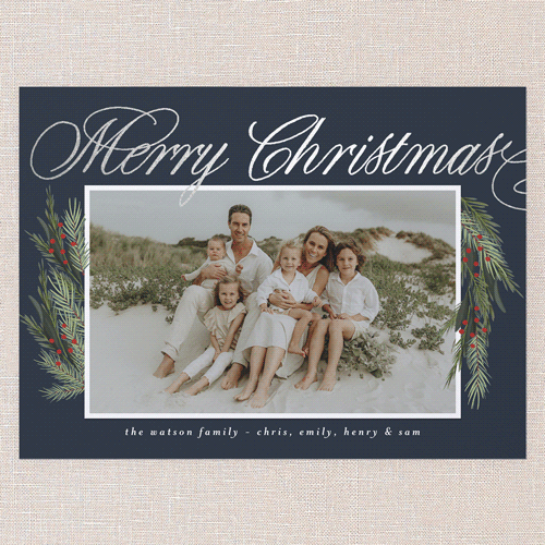 Winter Retreat Holiday Card, Blue, Silver Foil, 6x8 Flat, Christmas, Luxe Double-Thick Cardstock, Square, Blue