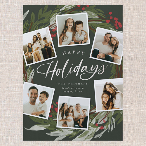 Wreath Photos Holiday Card, Green, 6x8 Flat, Holiday, Luxe Double-Thick Cardstock, Square, Pine