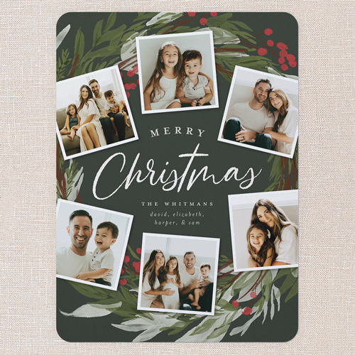 Wreath Photos Holiday Card, Green, 6x8 Flat, Christmas, Signature Smooth Cardstock, Rounded, Pine