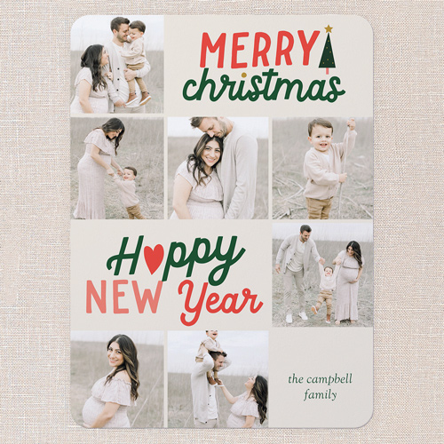 Festive Grid Holiday Card, Beige, 6x8 Flat, Christmas, Pearl Shimmer Cardstock, Rounded, Cream
