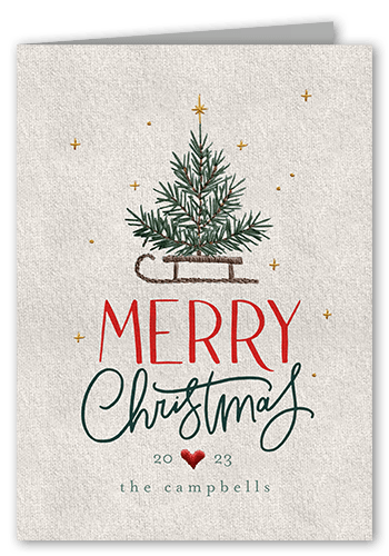 Embroidered Tree Holiday Card, Grey, 5x7 Folded, Christmas, Pearl Shimmer Cardstock, Square