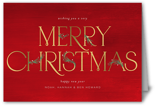 Art Deco Evergreen Holiday Card, Red, 5x7 Folded, Christmas, Pearl Shimmer Cardstock, Square