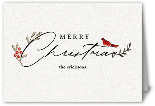 Bird and Holly Berry Holiday Card, White, 5x7 Folded, Christmas, Pearl Shimmer Cardstock, Square, White