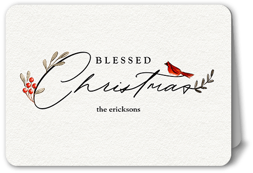 Bird and Holly Berry Holiday Card, White, 5x7 Folded, Religious, Matte, Folded Smooth Cardstock, Rounded, White