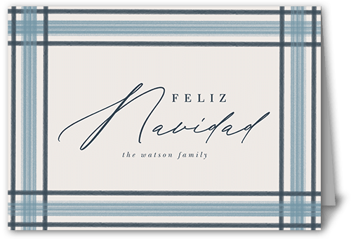 Brushed Plaid Border Holiday Card, Blue, 5x7 Folded, Feliz Navidad, Pearl Shimmer Cardstock, Square