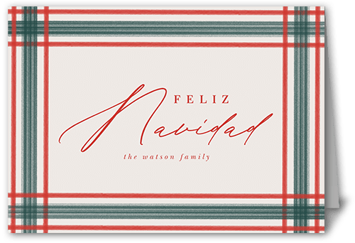 Brushed Plaid Border Holiday Card, Red, 5x7 Folded, Feliz Navidad, Pearl Shimmer Cardstock, Square, Red
