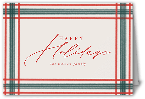 Brushed Plaid Border Holiday Card, Red, 5x7 Folded, Holiday, Pearl Shimmer Cardstock, Square