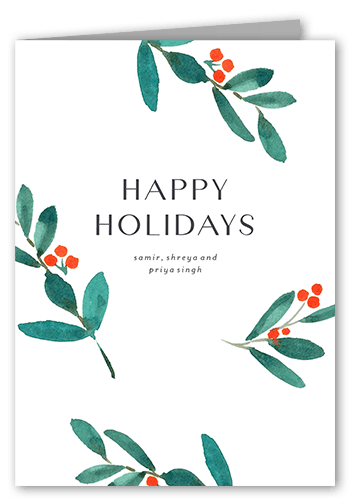 Watercolor Red Berries Holiday Card, White, 5x7 Folded, Holiday, Matte, Folded Smooth Cardstock, Square