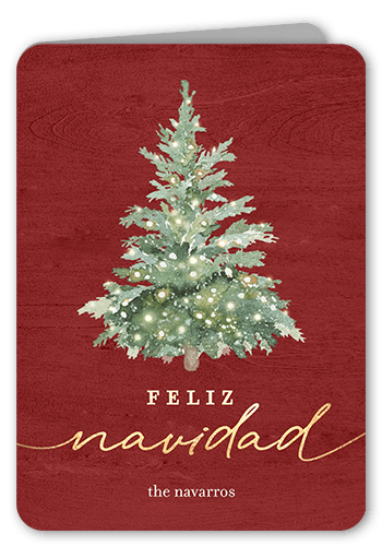 Watercolor Tree Holiday Card, Red, 5x7 Folded, Feliz Navidad, Matte, Folded Smooth Cardstock, Rounded, Red