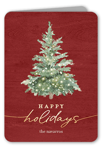 Watercolor Tree Holiday Card, Red, 5x7 Folded, Holiday, Pearl Shimmer Cardstock, Rounded