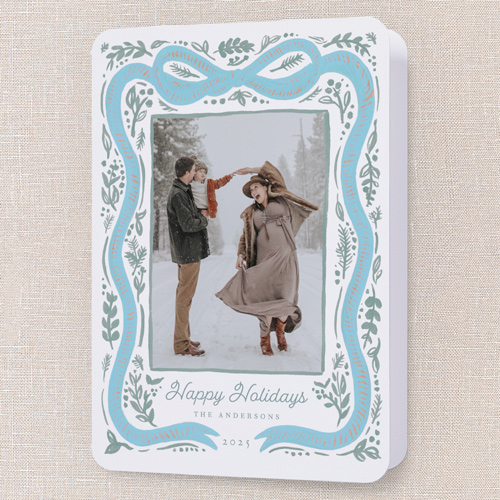 Vintage Bow Holiday Card, Blue, 5x7 Folded, Holiday, Pearl Shimmer Cardstock, Rounded, Feather