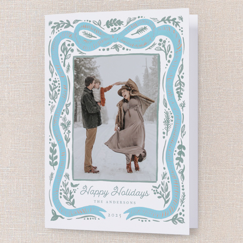 Vintage Bow Holiday Card, Blue, 5x7 Folded, Holiday, Matte, Folded Smooth Cardstock, Square, Feather