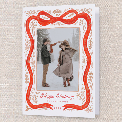Vintage Bow Holiday Card, Red, 5x7 Folded, Holiday, Pearl Shimmer Cardstock, Square, Tomato