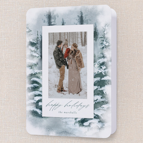 Frosty Snowfall Holiday Card, Green, 5x7 Folded, Holiday, Pearl Shimmer Cardstock, Rounded