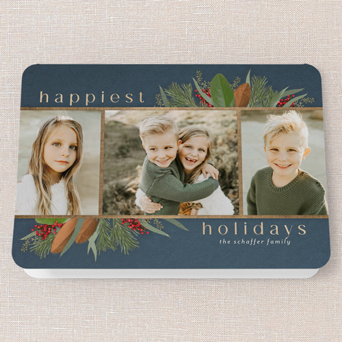 Fantastic Foliage Holiday Card, Blue, 5x7 Folded, Holiday, Pearl Shimmer Cardstock, Rounded, Blue