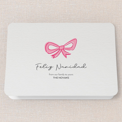 Joyful Bow Tidings Holiday Card, Pink, 5x7 Folded, Feliz Navidad, Pearl Shimmer Cardstock, Rounded, Chenille