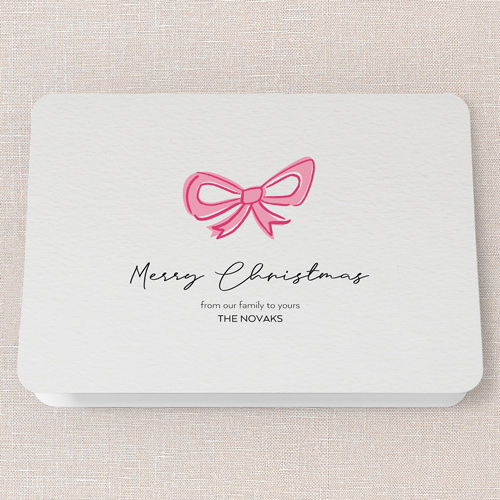 Joyful Bow Tidings Holiday Card, Pink, 5x7 Folded, Christmas, Pearl Shimmer Cardstock, Rounded