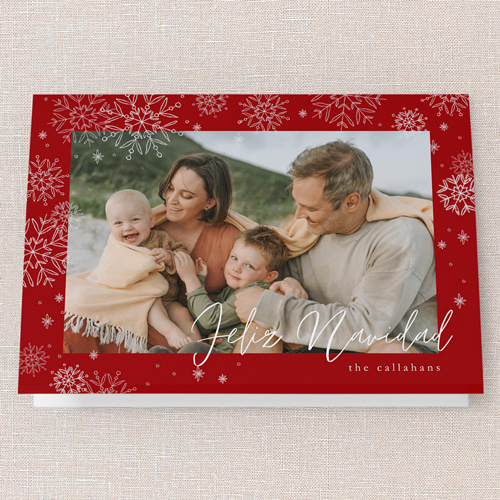 Faint Snowflakes Holiday Card, Red, 5x7 Folded, Feliz Navidad, Matte, Folded Smooth Cardstock, Square, Red