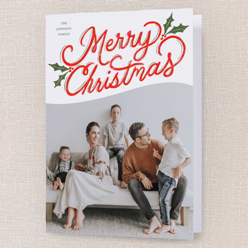 Vibrant Holly Greetings Holiday Card, White, 5x7 Folded, Christmas, Pearl Shimmer Cardstock, Square, White