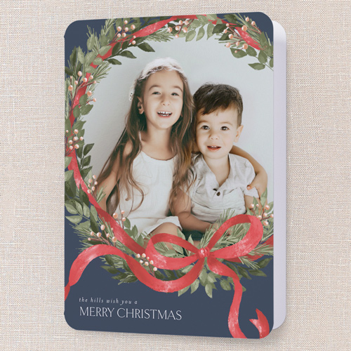 Merry Ribbon Wreath Holiday Card, Blue, 5x7 Folded, Christmas, Pearl Shimmer Cardstock, Rounded