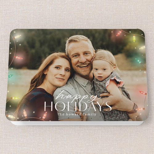 Beaming Bulbs Holiday Card, Red, 5x7 Folded, Holiday, Pearl Shimmer Cardstock, Rounded, Holiday