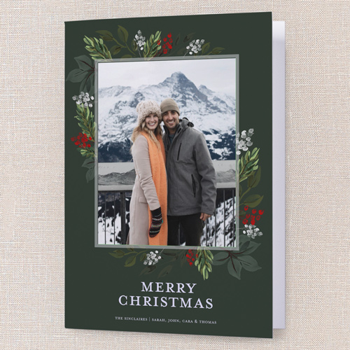 Blissful Foliage Holiday Card, Green, 5x7 Folded, Christmas, Pearl Shimmer Cardstock, Square, Pine