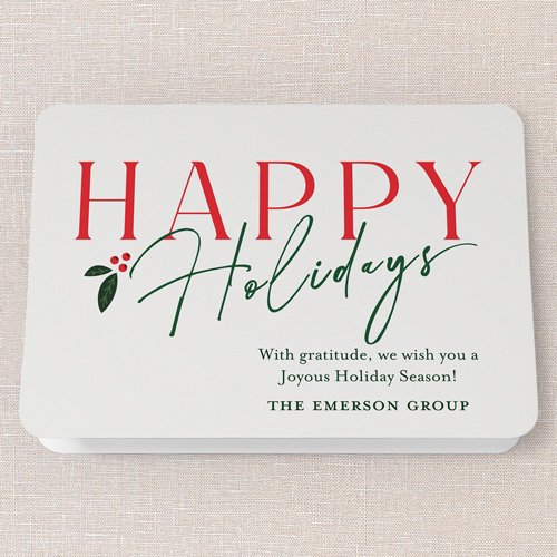 Holly Script Holiday Card, White, 5x7 Folded, Holiday, Pearl Shimmer Cardstock, Rounded, White