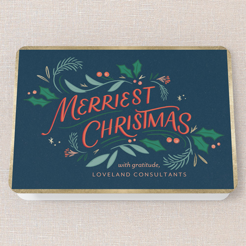 Holly Whimsy Holiday Card, Blue, 5x7 Folded, Christmas, Pearl Shimmer Cardstock, Rounded, Indigo