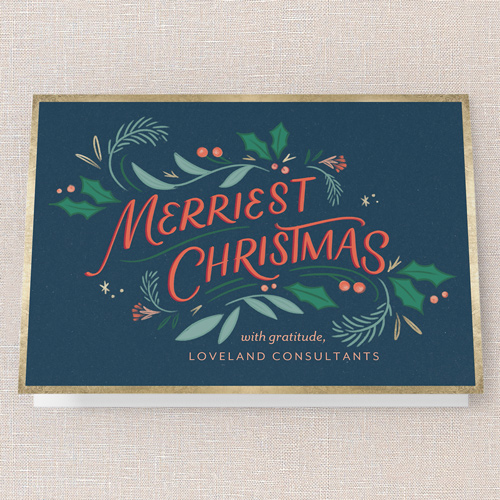 Holly Whimsy Holiday Card, Blue, 5x7 Folded, Christmas, Pearl Shimmer Cardstock, Square, Indigo