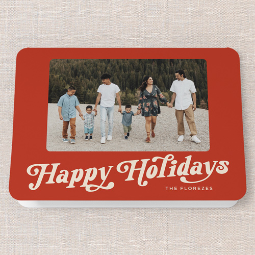 Retro Script Cheer Holiday Card, Red, 5x7 Folded, Holiday, Pearl Shimmer Cardstock, Rounded, Red