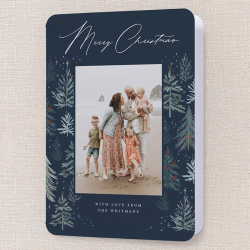 Winter Pines Frame Holiday Card, Blue, 5x7 Folded, Christmas, Matte, Folded Smooth Cardstock, Rounded, Cobalt