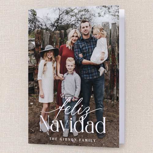 Classic Script Holiday Card, White, 5x7 Folded, Feliz Navidad, Pearl Shimmer Cardstock, Square, White