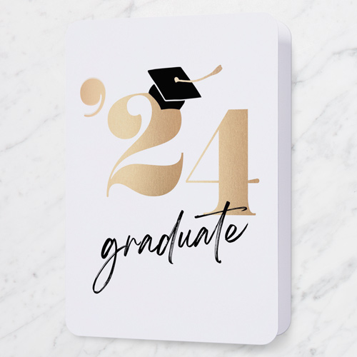 Capped Year Graduation Greeting Card, White, 5x7 Folded, Pearl Shimmer Cardstock, Rounded