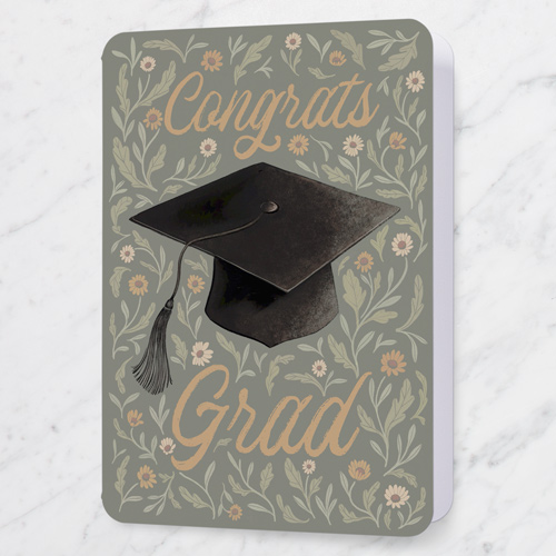 Flowered Grad Graduation Greeting Card, Green, 5x7 Folded, Pearl Shimmer Cardstock, Rounded