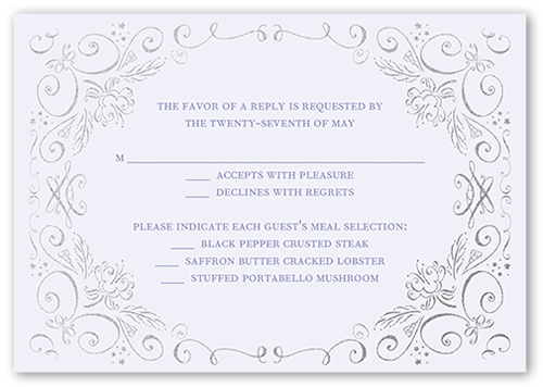 Whimsical Scrolls Wedding Response Card, Purple, Matte, Pearl Shimmer Cardstock, Square, Lilac