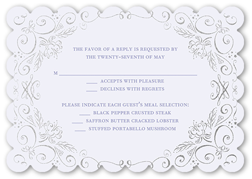 Whimsical Scrolls Wedding Response Card, Purple, Pearl Shimmer Cardstock, Scallop