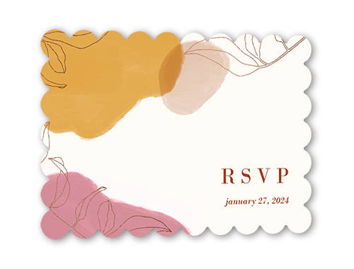 Organic Art Wedding Response Card, Rose Gold Foil, Orange, Pearl Shimmer Cardstock, Scallop