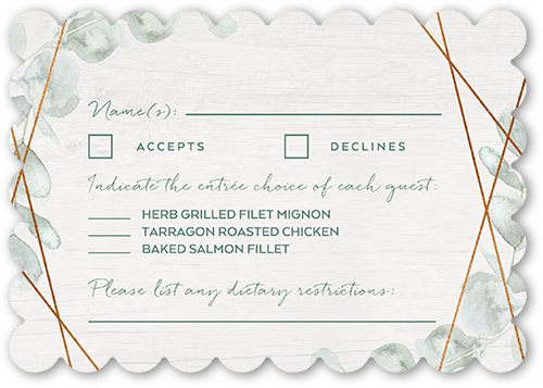Eucalyptus Elegance Wedding Response Card, Green, White, Pearl Shimmer Cardstock, Scallop