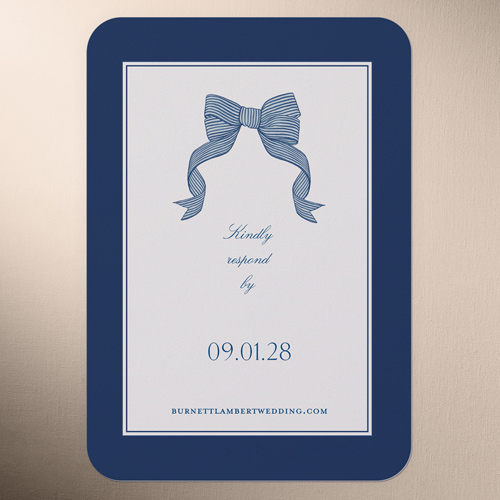 Classical Bow Wedding Response Card, Blue, Pearl Shimmer Cardstock, Rounded, Blueberry