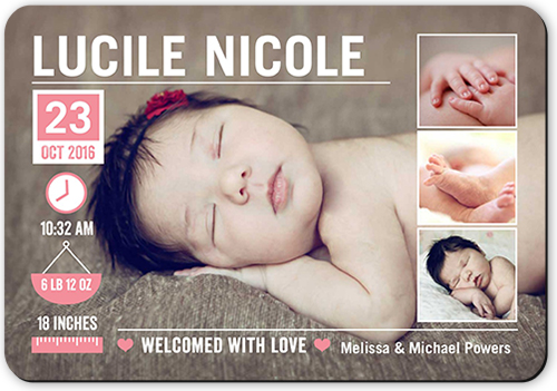 Baby Info Girl Birth Announcement, Pink, Matte