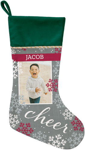 Snowflake Cheer Christmas Stocking, Green, Gray