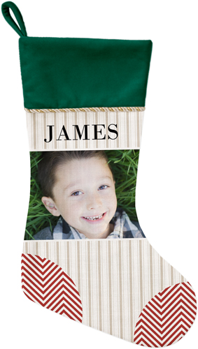 Photo Stripes and Chevrons Christmas Stocking, Green, Beige