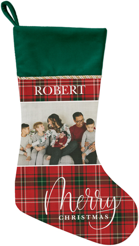 Merry Christmas Plaid Christmas Stocking, Green, Red