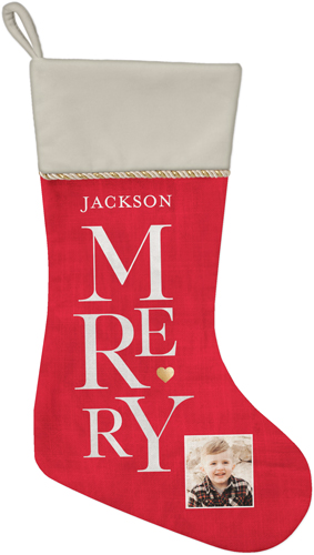 Stacked Merry Christmas Stocking, Natural, Red