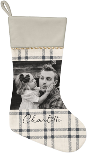 Classic Plaid Frame Christmas Stocking, Natural, Beige