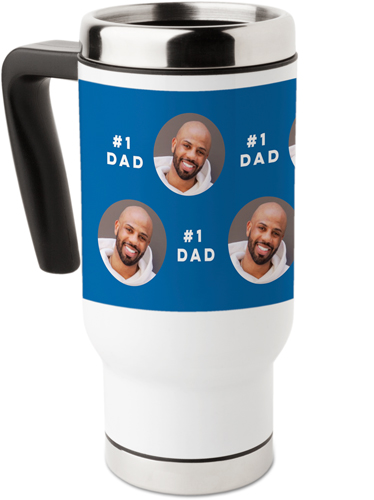 Floating Faces and Text Travel Mug with Handle, 17oz, Blue, blue yonder