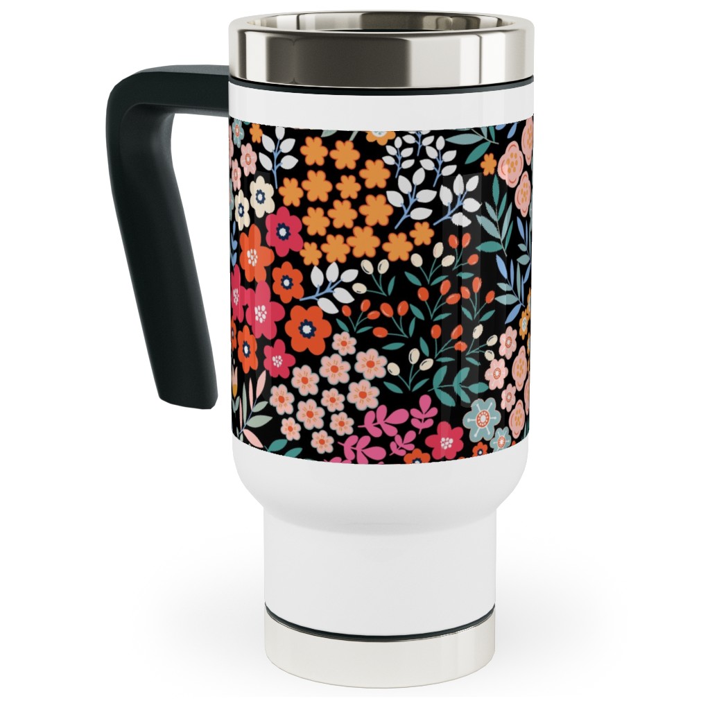 Summer Flower Travel Mug with Handle, 17oz, Multicolor, Rich Black