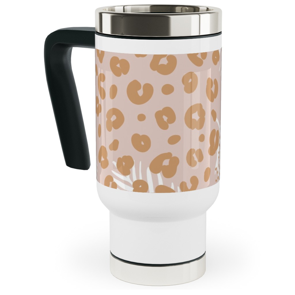 Palm Leaves and Animal Panther Spots - Beige Travel Mug with Handle, 17oz, Pink