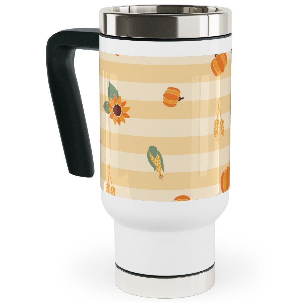Autumn Nature Stripes - Orange Travel Mug with Handle, 17oz, Orange